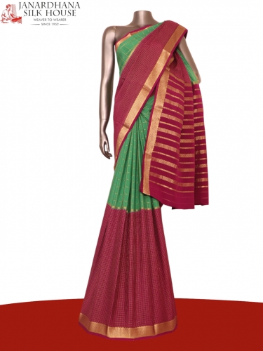 Exclusive Zari Checks Half and Half Mysore Crepe Silk Saree-Double Pallu 